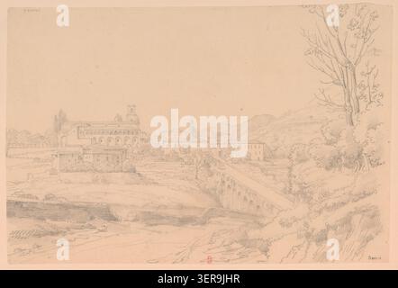 Il disegno documenta una visione generale dell'Abbazia della Santissima Trinità a Cava de' Tirreni in Italia, creata nel 1824 da Henri Labrouste, presentando il complesso monastico nella sua cornice paesaggistica durante il suo studio italiano di architettura ecclesiastica. Foto Stock