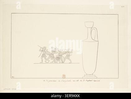 Un disegno archeologico del 1814 registra un lekythos attico raffigurante Eracle impegnato in combattimento contro tre Amazzoni, presentando un confronto mitologico reso nella tradizione greca della pittura in vaso come parte della documentazione accademica delle ceramiche classiche provenienti da diverse collezioni. Foto Stock
