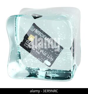 Carta bancaria Fintech bloccata all'interno del cubetto di ghiaccio, risorse congelate e concetto di pagamento bloccato, rendering 3d isolato su sfondo bianco Foto Stock