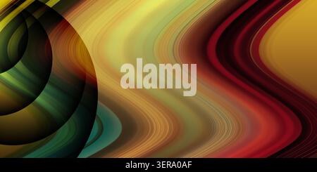 Una composizione astratta dinamica caratterizzata da linee ondulate colorate in tonalità di rosso, giallo e verde, accentuate da forme circolari scure sulla sinistra. Foto Stock