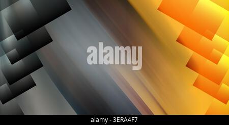 Uno sfondo astratto che passa dal grigio intenso all'arancione vivace, con sfocatura diagonale del movimento e forme rettangolari geometriche scure sulla sid Foto Stock