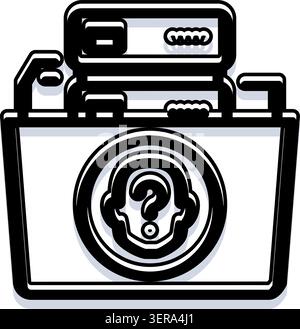Cartella di file con un documento che mostra l'icona del profilo di un punto interrogativo, che simboleggia l'identità sconosciuta, la privacy dei dati, le informazioni riservate, l'anonimato e. Illustrazione Vettoriale