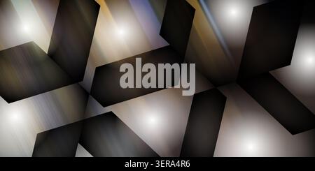 Uno sfondo astratto con elementi geometrici scuri sovrapposti a un gradiente morbido e striato di luce con punti focali brillanti. Foto Stock