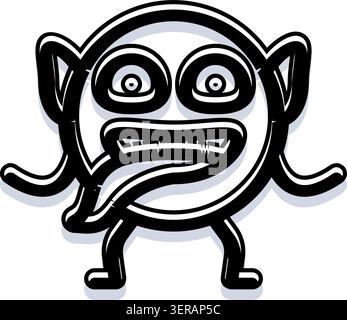 Giocoso mostro bianco e nero con occhi larghi, denti affilati e una lingua lunga, che trasuda malvagità e allegra e stravagante espressione di cartone animato su un bianco Illustrazione Vettoriale
