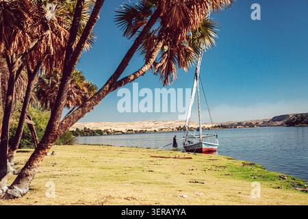Assuan, Egitto - 29 febbraio 2020: Vista di una tradizionale feluca ormeggiata sulle rive erbose del fiume Nilo con palme e colline desertiche Foto Stock