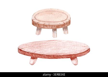 Tavolini da caffè rotondi ad acquerello isolati su bianco. Mobili in legno dipinti a mano in tonalità naturali. Decorazioni boho e scandinave Foto Stock