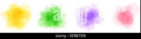 Set di spot ad acquerello giallo verde viola rosa. Effetti spruzzi di texture acquerello liquida. Inchiostro rotondo pastello o elementi a forma di pennello. Spruzzi di colore umido, macchie, gocce. Vettore Illustrazione Vettoriale