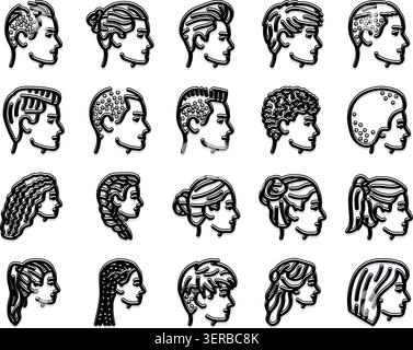 Set di icone dal profilo minimalista che mostrano diverse acconciature da uomo e donna e una collezione vettoriale di parrucchieri e saloni per avatar e moda Illustrazione Vettoriale