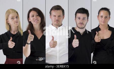 Il team aziendale apprezza e mostra i pollici in alto. Collage, risoluzione 4K Foto Stock