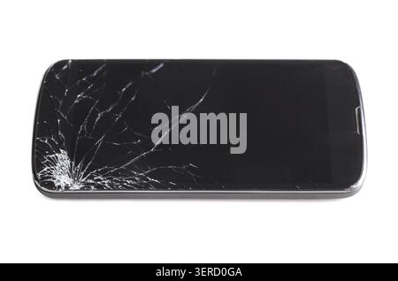 Smartphone moderno con schermo incrinato in un angolo, isolato su sfondo bianco Foto Stock