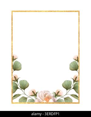 Modello di biglietto con cornice dorata con rosa botanica disegnata a mano e foglie verdi Foto Stock