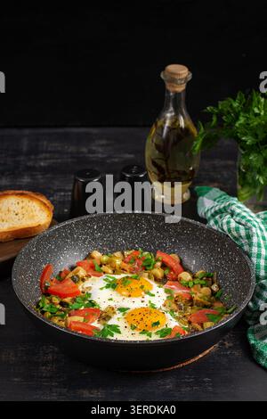 Colazione sana con uova fritte e verdure in padella Foto Stock