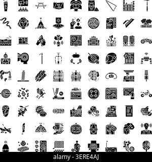 Serie completa di icone con linee nere che illustrano vari aspetti della tecnologia, dell'agricoltura, dell'industria, della natura e dello stile di vita, ideale per l'illustrazione di un Illustrazione Vettoriale