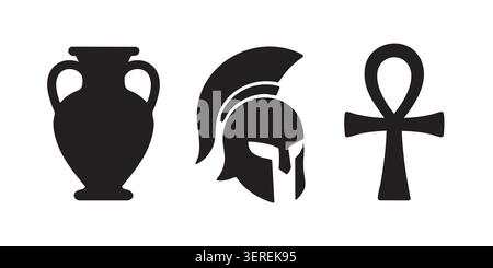Set vettoriale con silhouette nera di Antico vaso, casco e simbolo Ankh Illustrazione Vettoriale