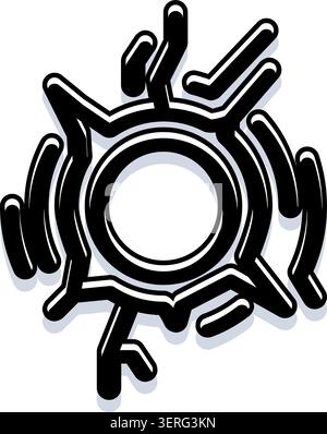 Foro proiettile che mostra danni con incrinature del vetro frantumate e spandimento dell'impatto dal punto centrale, creando un simbolo distruttivo per rottura e bordatura Illustrazione Vettoriale