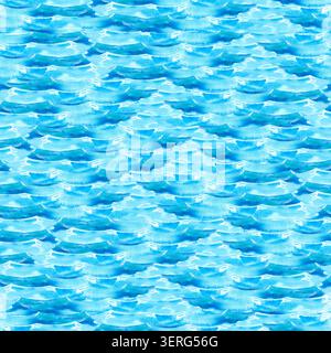 Acquerello con motivo nautico senza cuciture e onde oceaniche blu. Sfondo di acqua marina disegnato a mano isolato su uno sfondo creativo con texture ripetute. Foto Stock