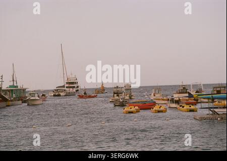 Un piccolo e vivace porto pieno di barche a vela, motoscafi e variopinte barche a remi che galleggiano sulle calme acque blu-grigie dell'oceano sotto un cielo coperto. Foto Stock