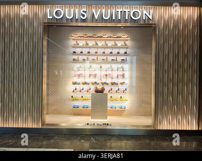 Vetrina del negozio del marchio Louis Vuitton in un centro commerciale di lusso negli Stati Uniti; borsa con piccoli giocattoli per auto e biciclette Foto Stock