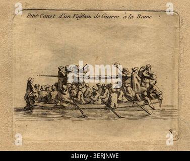 Un'incisione di Pierre Ozanne presenta una piccola barca da una nave da guerra trainata da remi, che documenta le imbarcazioni navali ausiliarie nel 1813 e illustra il ruolo delle barche a remi utilizzate insieme a grandi navi militari a vela. Foto Stock