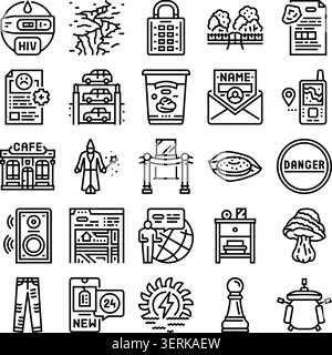 Set di icone di contorno assortite che ritraggono vari concetti come salute, tecnologia, infrastrutture urbane, natura, comunicazione digitale, e giochi, sui Illustrazione Vettoriale