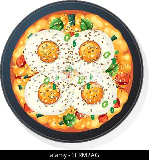 Illustrazione vettoriale di menemen turchi con quattro uova fritte, verdure ed erbe in padella Illustrazione Vettoriale