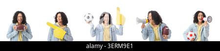 Tifosa di una giovane donna entusiasta che tira per la squadra sportiva con calcio, pallone da calcio, dito in schiuma e megafono Foto Stock
