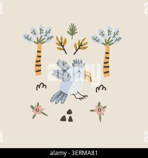 Simpatico pappagallo africano e composizione di palme in stile scandinavo. Illustrazione vettoriale dei cartoni animati, palme e fiori tropicali, elementi floreali doodle Illustrazione Vettoriale