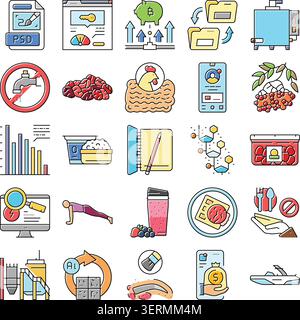 Set di icone di line art che illustrano una vasta gamma di argomenti tra cui business, finanza, tecnologia, cibo, salute, stile di vita, istruzione e desiderio creativo Illustrazione Vettoriale