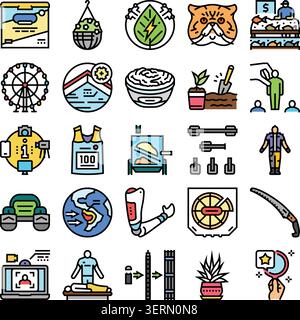 Set di vivaci icone di linea piatta che rappresentano ecologia, tecnologia, cibo, sport, medicina e progresso umano in una collezione coerente per la sostenibilità, Illustrazione Vettoriale