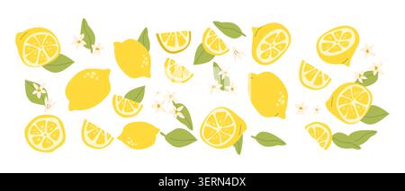 Limone astratto, set o motivo di agrumi, stampa artistica contemporanea. Sfondo moderno con frutta al limone disegnata a mano. Design alla moda per la carta da imballaggio, Illustrazione Vettoriale