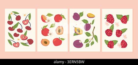 Serie di poster astratti sulla frutta. Stampa artistica contemporanea con pesca, ciliegia, pomelo, lampone. Design alla moda per decorazioni a prugne, cartolina, copertina, Illustrazione Vettoriale