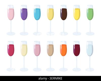 Quindici bicchieri da vino disposti in due file, ciascuno riempito di liquidi in diversi colori vivaci tra cui rosa, viola, blu, giallo, marrone, verde Foto Stock