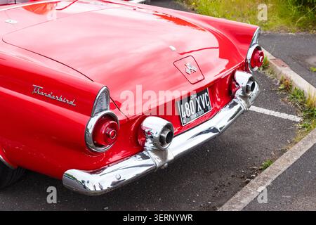 Dettaglio posteriore di un classico modello ford thunderbird 1955 rosso e design parcheggiato all'aperto Foto Stock