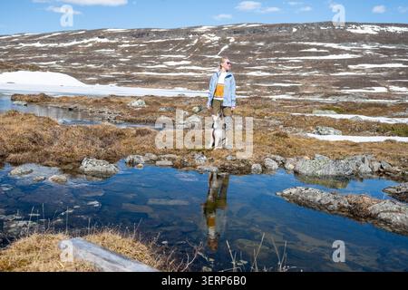 Donna e il suo cane si godono un paesaggio montano in Lapponia Finlandia Foto Stock