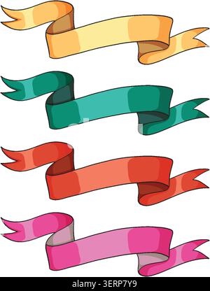 Set di quattro striscioni colorati curvi in giallo, verde, rosso e rosa su sfondo bianco. Illustrazione Vettoriale