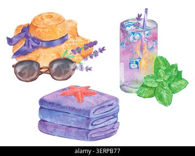 Set estivo ad acquerello dipinto a mano con cappello di paglia, occhiali da sole, lavanda, cocktail, foglie di menta, e l'asciugamano piegato con stelle marine isolate su bianco. Idea Foto Stock