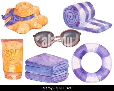 Set acquerello dipinto a mano di sei elementi essenziali da spiaggia estivi: Cappello di paglia, occhiali da sole, asciugamano arrotolato, asciugamano piegato, crema solare SPF 50, e salvagente isolato Foto Stock