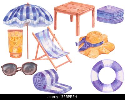 Set acquerello dipinto a mano di prodotti essenziali per la spiaggia estiva: Ombrellone, tavolo, sdraio, asciugamani, crema solare, occhiali da sole, cappello e salvagente isolati su bianco Foto Stock