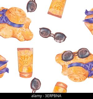 Motivo ad acquerello senza cuciture con gli indispensabili per l'estate: Un cappello di paglia con nastro blu, occhiali da sole scuri e un tubo di crema solare SPF 50, isolat Foto Stock