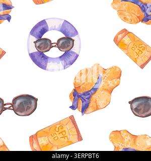 Motivo senza cuciture ad acquerello dipinto a mano che raffigura un salvagente viola, occhiali da sole scuri, un cappello di paglia con nastro blu e una protezione solare isolata Foto Stock