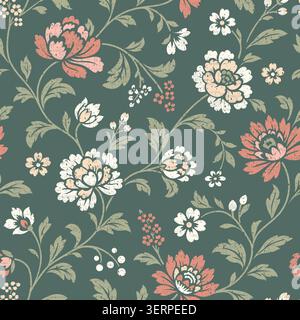Design floreale decorativo ispirato al chintz, fiori giacobini stilizzati e foglie. Motivo vettoriale senza cuciture, l'estetica disegnata a mano evoca la classica prin tessile Illustrazione Vettoriale