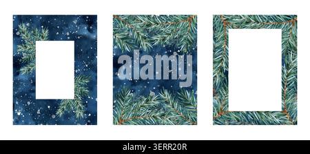 Rami di pino di cartolina di Natale. Cornice con sfondo astratto color acquerello blu. Ramoscelli di abete rosso isolati illustrazione disegnata a mano. Verticale Foto Stock