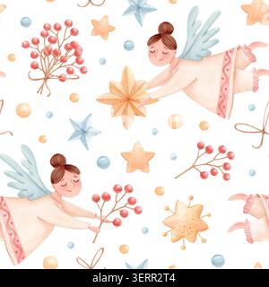 Acquerello natalizio motivo senza cuciture con angeli volanti, stelle, perline e frutti di bosco invernali. Design natalizio disegnato a mano Foto Stock