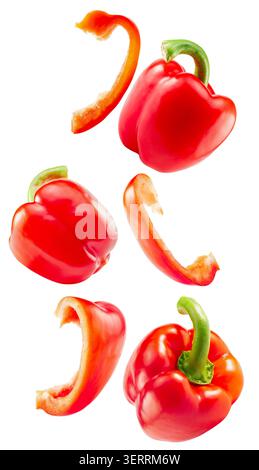 Raccolta di vari peperoncini rossi e peperoni interi su sfondo bianco. Foto Stock