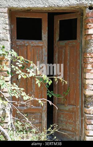 Vecchie porte a doppia porta in legno sbucciate con piante nel villaggio abbandonato di Ghorio di Roghudi nel Parco Nazionale di Aspromonte, Calabria Sud Italia. Foto Stock