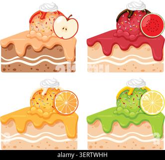 Vivace set vettoriale di quattro fette di torta al gelato aromatizzata alla frutta con panna montata e decorazioni. Illustrazione Vettoriale