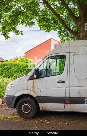 Primo piano della vista anteriore di un furgone sporco, vecchio furgone bianco con pannelli di consegna del carico macchiati di ruggine e sporcizia parcheggiato sotto l'albero in sobborgo Foto Stock