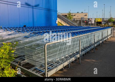 Kaarst, Germania, 10.06.2026 - file di carrelli vuoti con maniglie blu all'esterno di un ipermercato, fila di carrelli metallici in un parcheggio di un negozio Foto Stock