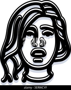 Viso da donna caratterizzato da un contorno audace e spesse linee nere con effetto ombra, che creano un'icona di ritratto in bianco e nero per vari design c Illustrazione Vettoriale