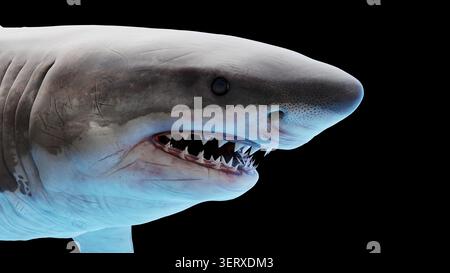 Illustrazione della testa di un grande squalo bianco (Carcharodon carcharias). Vista laterale. Foto Stock